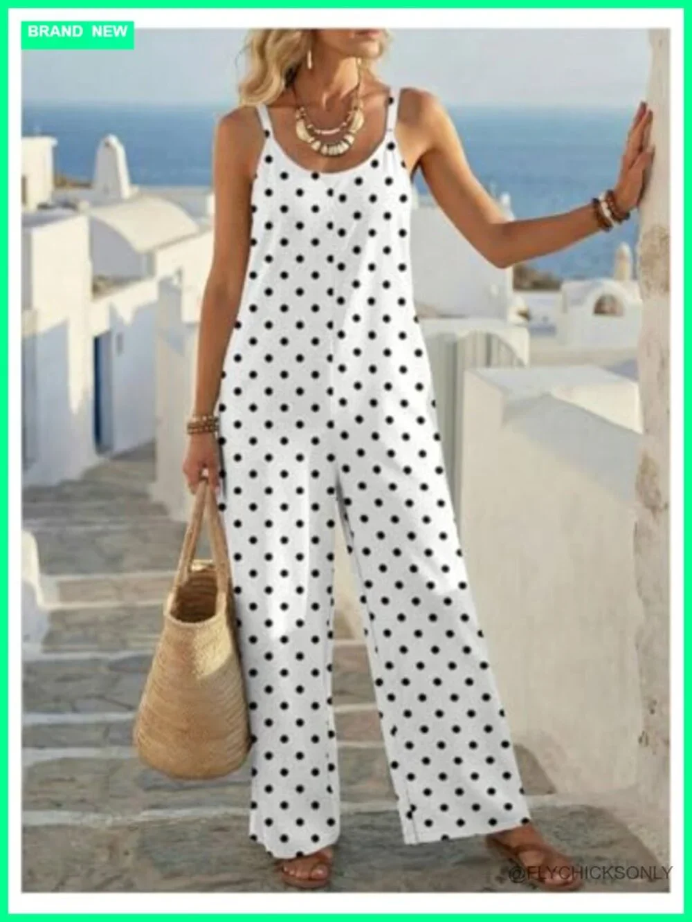 Polka Dot Sleeveless Wide Leg Jumpsuit with Pockets